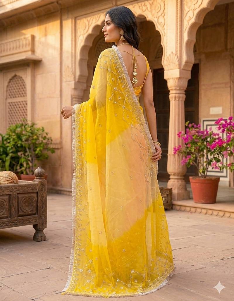 Yellow shaded chiffon saree with gota patti work