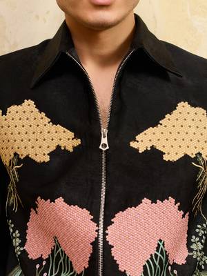 Black velvet multi thread & sequence embroidered wok jacket with unstitched pant 5
