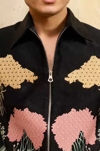 Black velvet multi thread & sequence embroidered wok jacket with unstitched pant