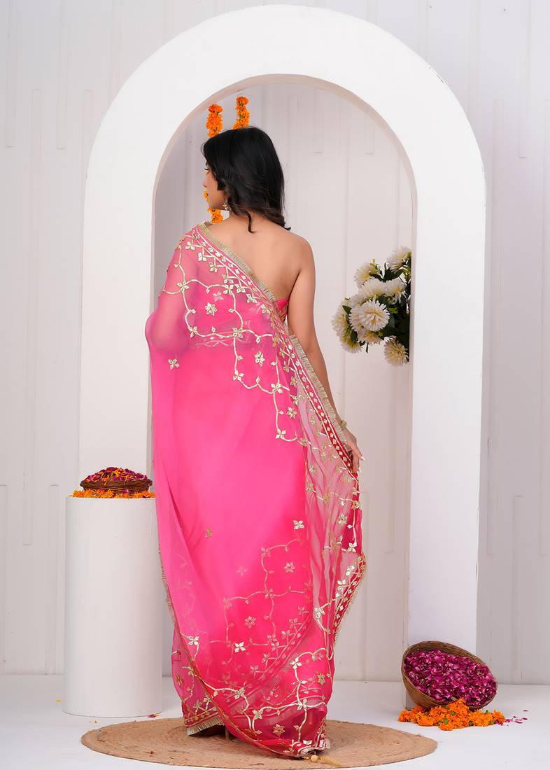 Pink shaded chiffon saree with gota patti work