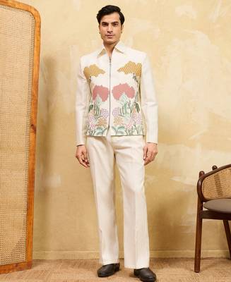 White velvet multi thread & sequence embroidered wok jacket with unstitched pant 1