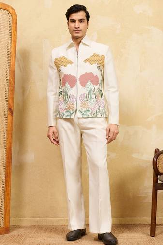 White velvet multi thread & sequence embroidered wok jacket with unstitched pant