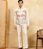 White velvet multi thread & sequence embroidered wok jacket with unstitched pant