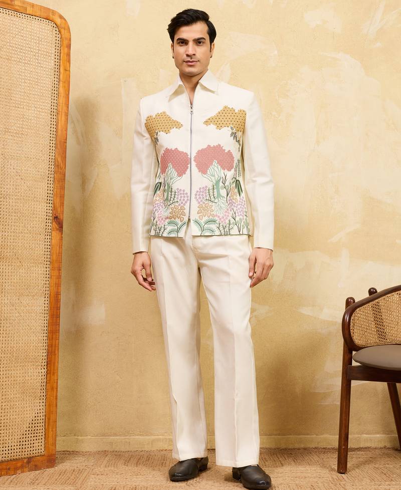 White velvet multi thread & sequence embroidered wok jacket with unstitched pant