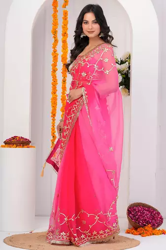 Pink shaded chiffon saree with gota patti work