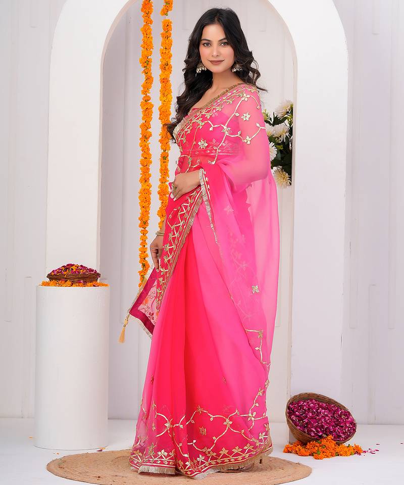 Pink shaded chiffon saree with gota patti work