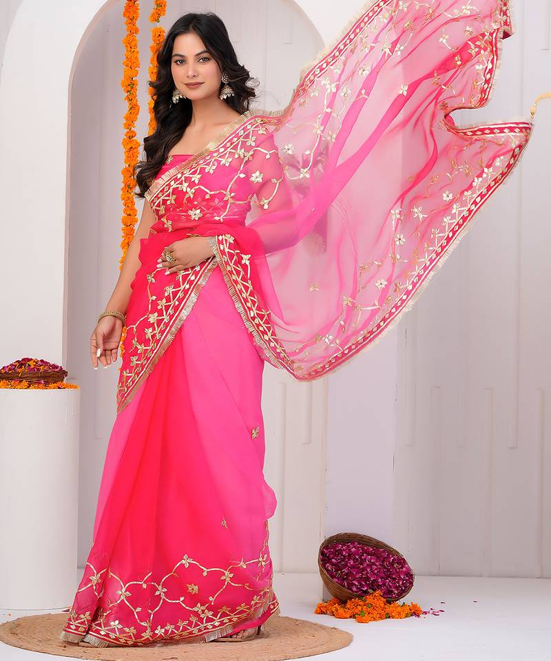 Pink shaded chiffon saree with gota patti work