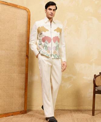 White velvet multi thread & sequence embroidered wok jacket with unstitched pant 2