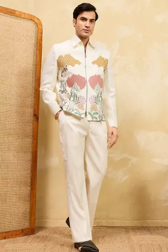White velvet multi thread & sequence embroidered wok jacket with unstitched pant