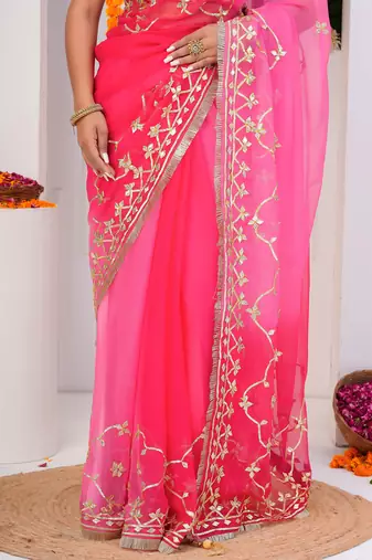 Pink shaded chiffon saree with gota patti work
