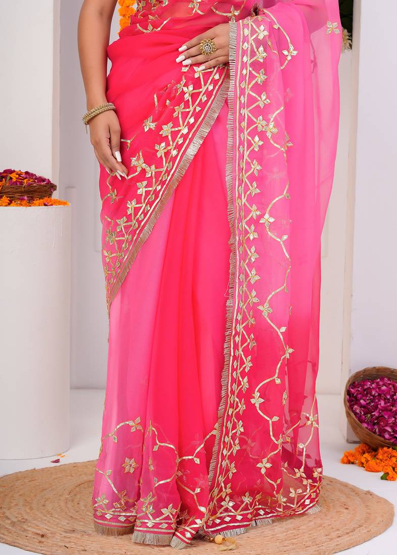Pink shaded chiffon saree with gota patti work