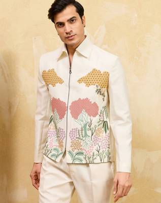 White velvet multi thread & sequence embroidered wok jacket with unstitched pant 3