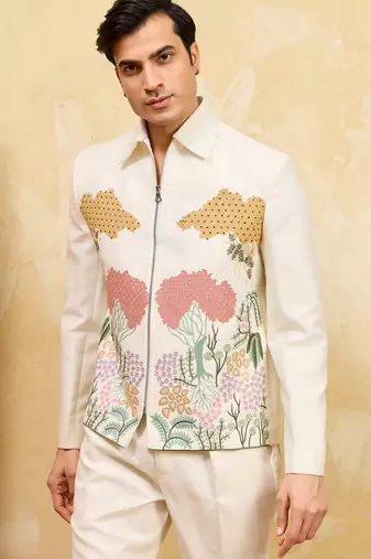 White velvet multi thread & sequence embroidered wok jacket with unstitched pant