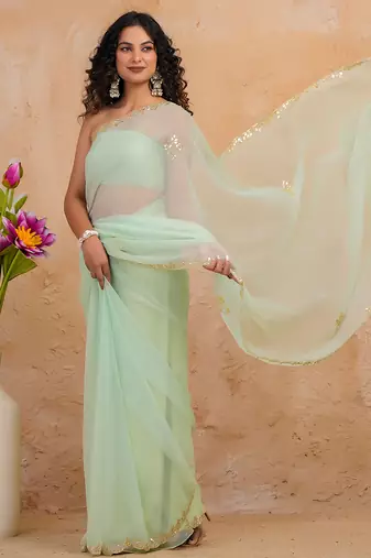 Light green chiffon saree with gota patti & cut dana work