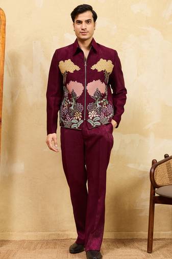 Maroon khadi silk velvet multi thread & sequence embroidered wok jacket with unstitched pant