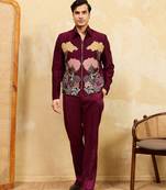 Maroon khadi silk velvet multi thread & sequence embroidered wok jacket with unstitched pant