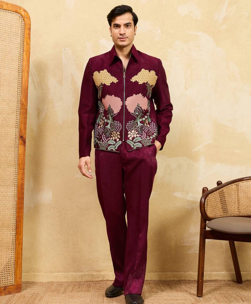 Maroon khadi silk velvet multi thread & sequence embroidered wok jacket with unstitched pant