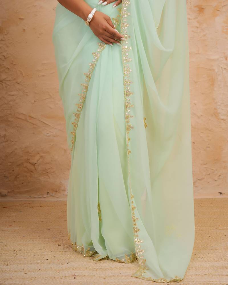Light green chiffon saree with gota patti & cut dana work