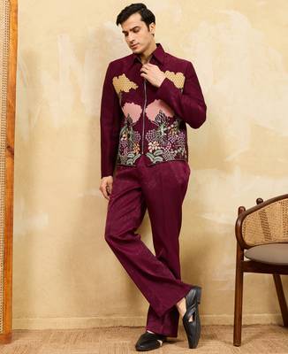 Maroon khadi silk velvet multi thread & sequence embroidered wok jacket with unstitched pant 2