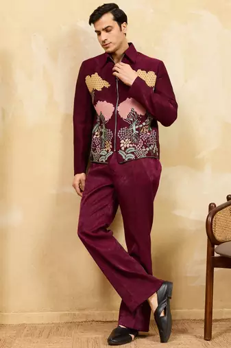 Maroon khadi silk velvet multi thread & sequence embroidered wok jacket with unstitched pant