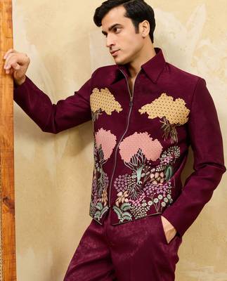 Maroon khadi silk velvet multi thread & sequence embroidered wok jacket with unstitched pant 3