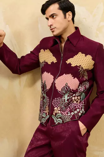 Maroon khadi silk velvet multi thread & sequence embroidered wok jacket with unstitched pant