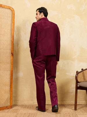 Maroon khadi silk velvet multi thread & sequence embroidered wok jacket with unstitched pant 4