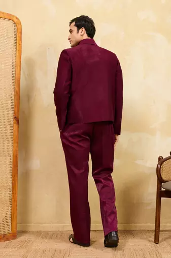 Maroon khadi silk velvet multi thread & sequence embroidered wok jacket with unstitched pant