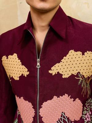 Maroon khadi silk velvet multi thread & sequence embroidered wok jacket with unstitched pant 5