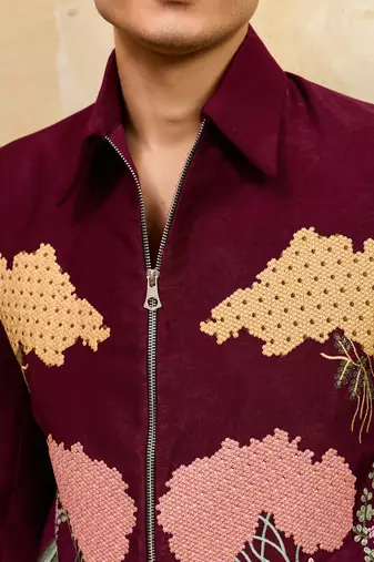 Maroon khadi silk velvet multi thread & sequence embroidered wok jacket with unstitched pant