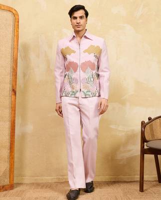 Pink khadi silk velvet multi thread & sequence embroidered wok jacket with unstitched pant 1
