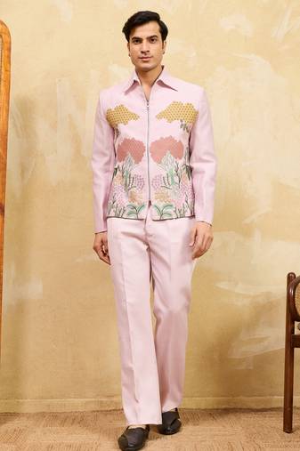 Pink khadi silk velvet multi thread & sequence embroidered wok jacket with unstitched pant