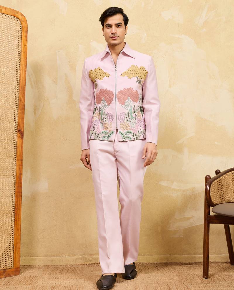 Pink khadi silk velvet multi thread & sequence embroidered wok jacket with unstitched pant