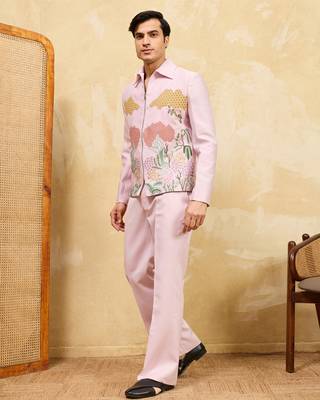 Pink khadi silk velvet multi thread & sequence embroidered wok jacket with unstitched pant 2