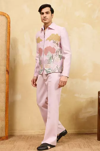 Pink khadi silk velvet multi thread & sequence embroidered wok jacket with unstitched pant