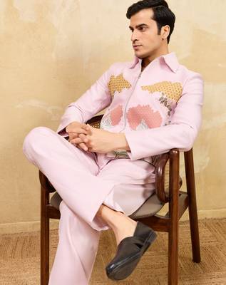 Pink khadi silk velvet multi thread & sequence embroidered wok jacket with unstitched pant 3