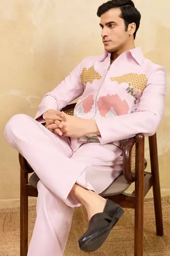 Pink khadi silk velvet multi thread & sequence embroidered wok jacket with unstitched pant