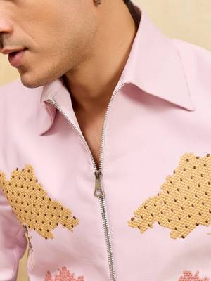 Pink khadi silk velvet multi thread & sequence embroidered wok jacket with unstitched pant 5