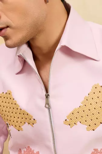 Pink khadi silk velvet multi thread & sequence embroidered wok jacket with unstitched pant
