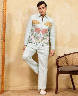 Sky blue velvet multi thread & sequence embroidered wok jacket with unstitched pant 1