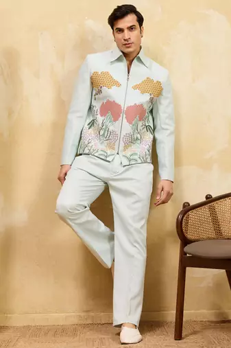 Sky blue velvet multi thread & sequence embroidered wok jacket with unstitched pant
