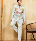 Sky blue velvet multi thread & sequence embroidered wok jacket with unstitched pant
