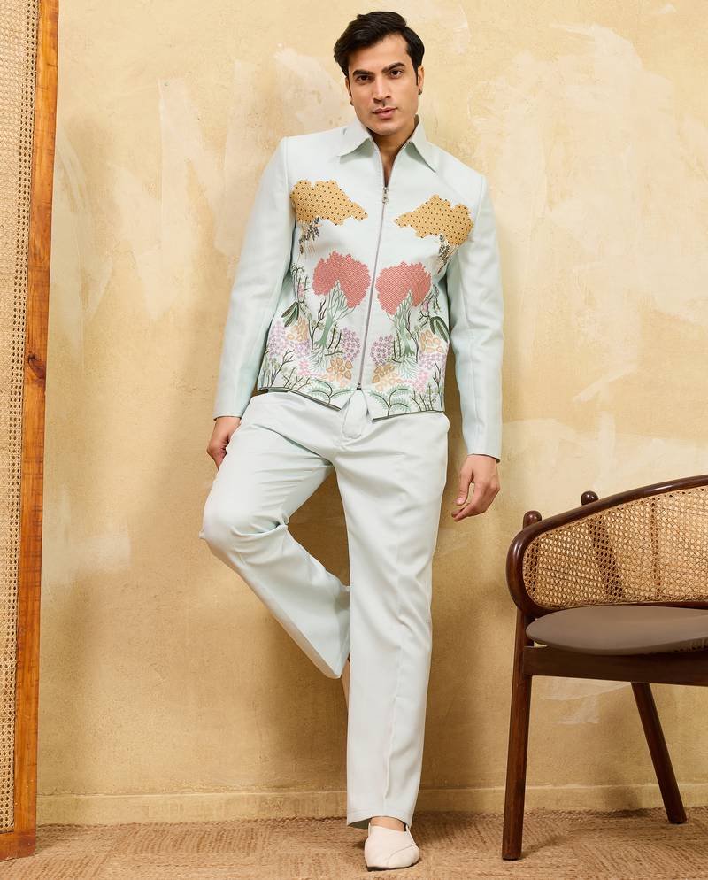 Sky blue velvet multi thread & sequence embroidered wok jacket with unstitched pant