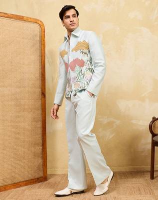 Sky blue velvet multi thread & sequence embroidered wok jacket with unstitched pant 2
