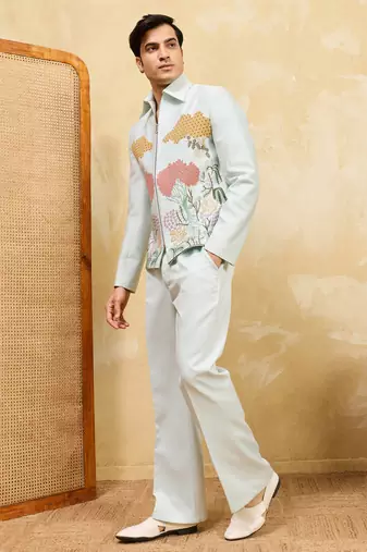 Sky blue velvet multi thread & sequence embroidered wok jacket with unstitched pant