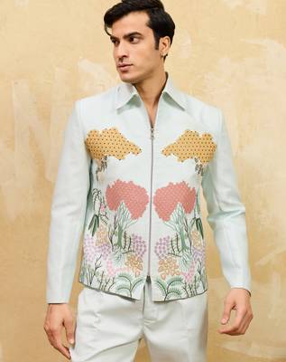 Sky blue velvet multi thread & sequence embroidered wok jacket with unstitched pant 3