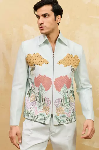 Sky blue velvet multi thread & sequence embroidered wok jacket with unstitched pant