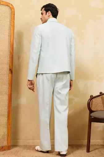 Sky blue velvet multi thread & sequence embroidered wok jacket with unstitched pant