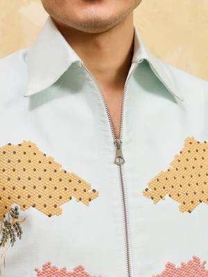 Sky blue velvet multi thread & sequence embroidered wok jacket with unstitched pant 5