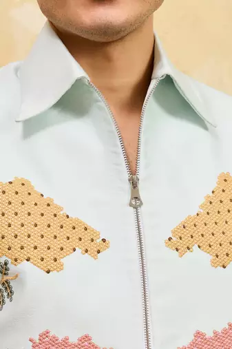Sky blue velvet multi thread & sequence embroidered wok jacket with unstitched pant